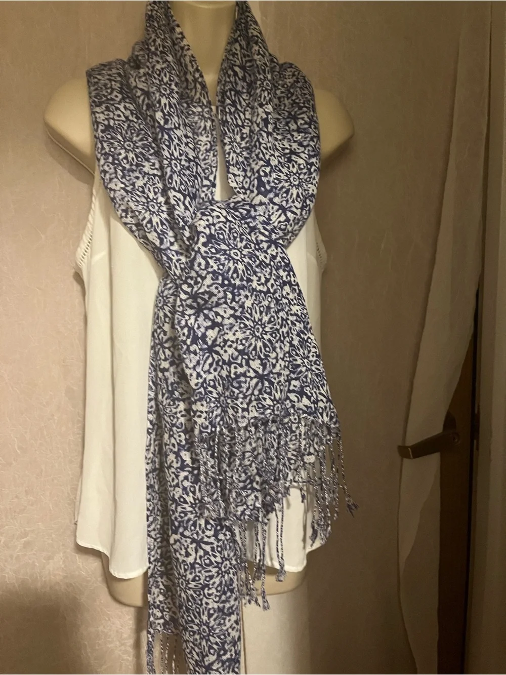 Lands' End Navy and White Floral-Print Scarf with Fringe